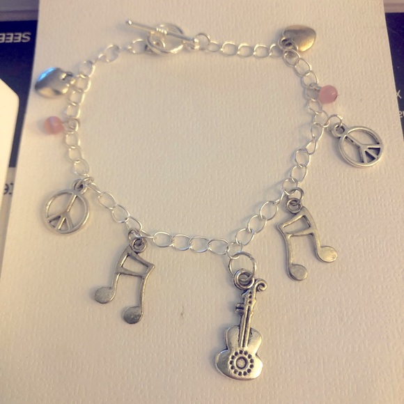 Music Heart Guitar Chainlink Pink Elegant Bead Silver Handmade Charm Bracelet - Picture 6 of 8